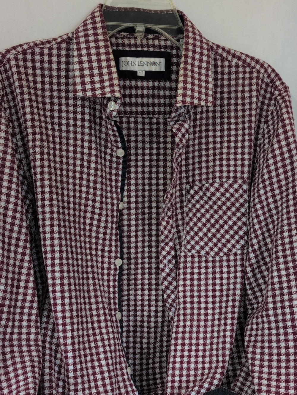 John Lennon Men's Lg Burgundy & White Geo Check Button-Up Shirt, Slim Fit